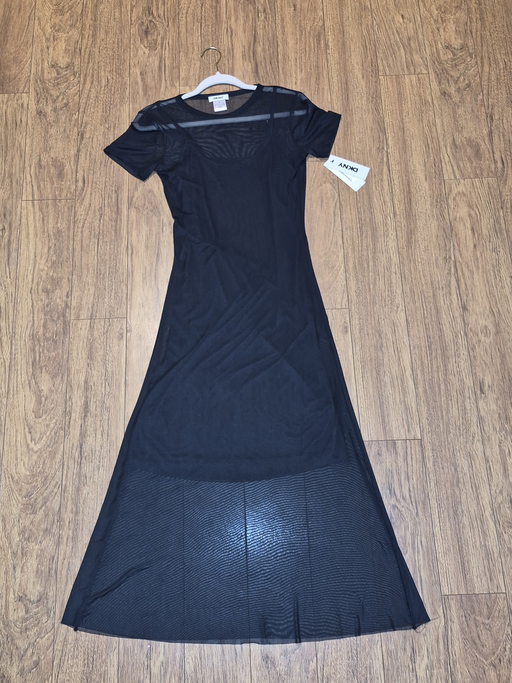 DKNY Black Short Sleeve Mesh Maxi Dress